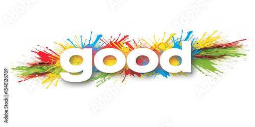 The word good in white with colorful paint splatters on a white background in a horizontal format created with generated ai