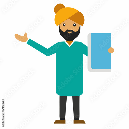 Minimalist vector illustration of a male teacher with turban, pointing to whiteboard, holding a book, educational theme