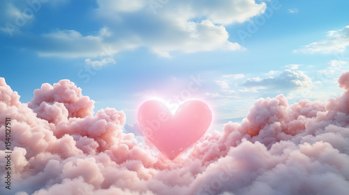 Heart shaped cloud floats among soft pink clouds under bright blue sky, creating dreamy and romantic atmosphere