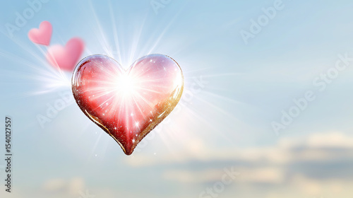 Sparkling heart shines brightly against soft blue sky, radiating love and warmth, perfect for romantic themes