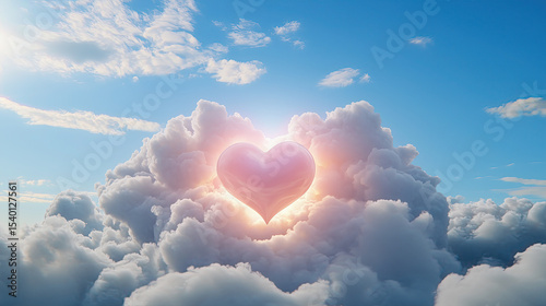 Heart shaped cloud glows brightly against blue sky, surrounded by fluffy white clouds, evoking feelings of love and serenity