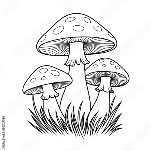 A black and white mushrooms illustration line art of a coloring page 