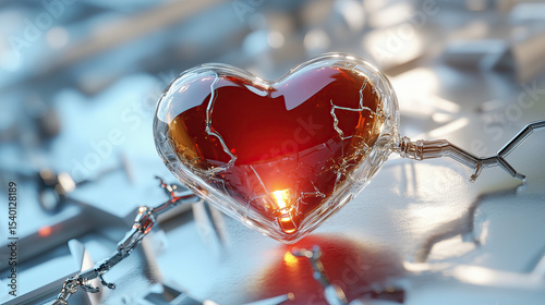 Broken heart made of glass with glowing red liquid inside, symbolizing love and heartbreak, set against metallic background