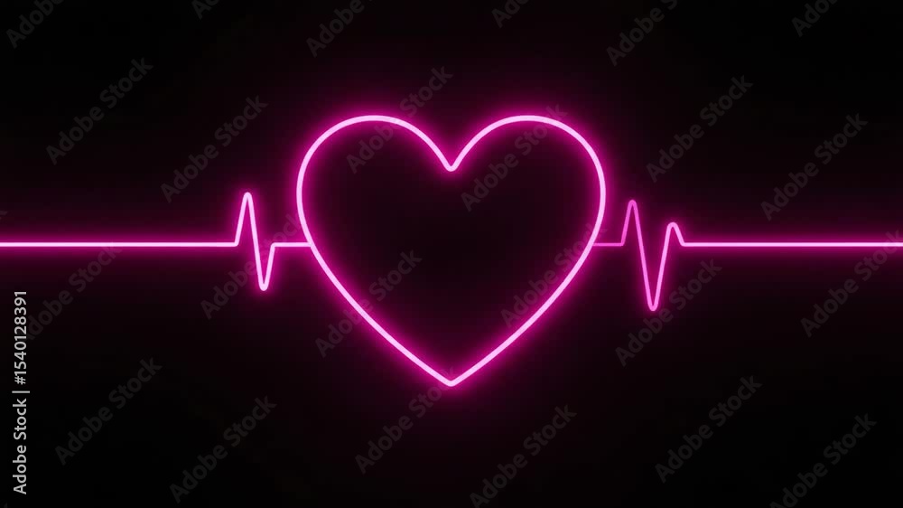 Neon pink heart outline with rhythmic heartbeat line on dark background  