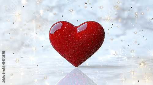 Shiny red heart with glittery surface, reflecting light against soft, sparkling background, evokes feelings of love and romance