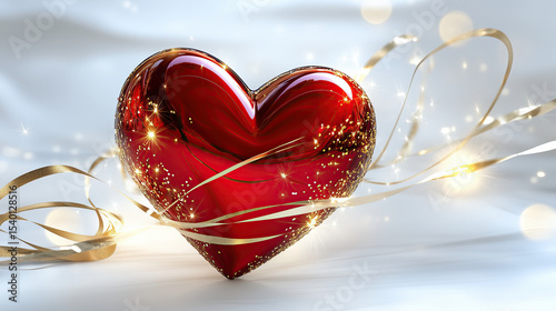 Shiny red heart with golden sparkles and ribbons, symbolizing love and affection, creates romantic atmosphere