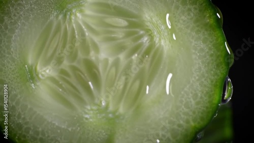 Fresh Cucumber Slice With Water Droplets Against Black Background