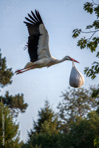 The stork carries the baby in a bundle, a symbolic representation of the birth of the child