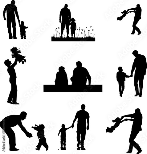 Vector art of silhouettes of fathers and children playing, isolated on transparent background