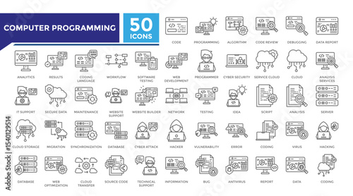 Computer programming lineal icon set collection. This set includes algorithm, cyber security, server, database, coding, hacker and more icons in lineal style. Vector icons collection for infographics