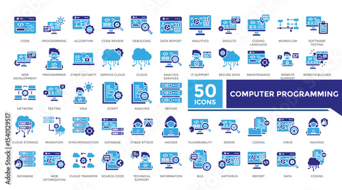 Computer programming icon solid two color set collection. This set includes algorithm, cyber security, database, coding, hacker and more icons in solid style. Vector icons collection for infographics