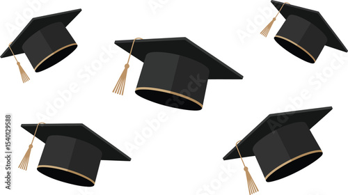 Illustration of five graduation caps with tassels on a white background