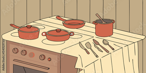 Kitchen table, kitchen utensils, cooking pots at brown kitchen woddy backview vector illustration.