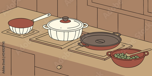 Kitchen table, kitchen utensils, cooking pots at brown kitchen woddy backview vector illustration.
