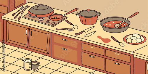 Kitchen table, kitchen utensils, cooking pots at brown kitchen woddy backview vector illustration.