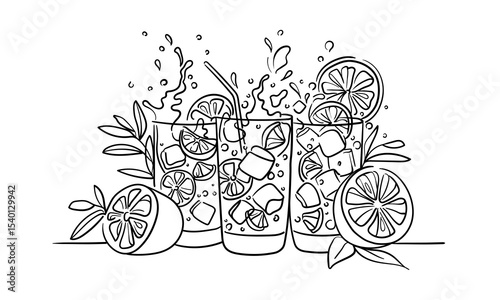 Alcohol with 3 glasses continious line drawing. Whiskey,  wine glasses with drinks. Cheers toast festive decoration for holidays. Vector illustration