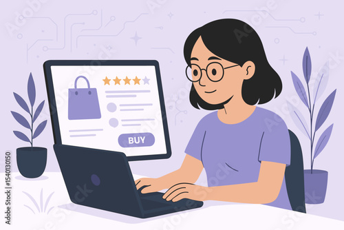 Flat Style Vector Illustration of a Woman Making an Online Shopping Payment Using Her Laptop Buy Now Button