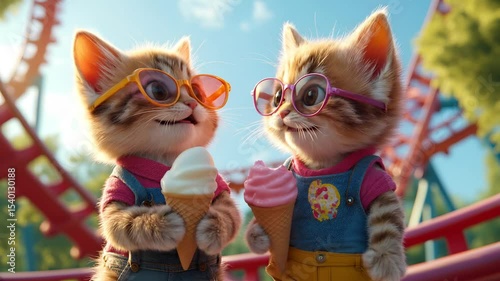 cute kittens in sunglasses eat delicious ice cream in a waffle cone in the summer in the park