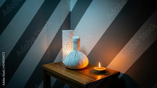 Spa Relaxation Setup with Lit Candle and Aromatherapy Massage Ball on Wooden Table Against Striped Wall