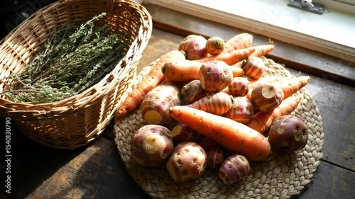 Fresh Harvest Vegetables Still Life, Carrot And Turnip On Rustic Table