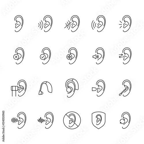 Hearing icons set. Listen, ear, deafness signs, line style editable stroke.
