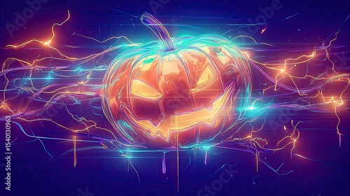Neon Electric Jack-o’-Lantern Surrounded by Digital Currents
