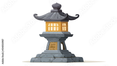 A digital illustration or 3D rendering of a stone pagoda-style lantern.  The lantern is predominantly gray stone in appearance with a tiered structure and a yellow illuminated interior. 