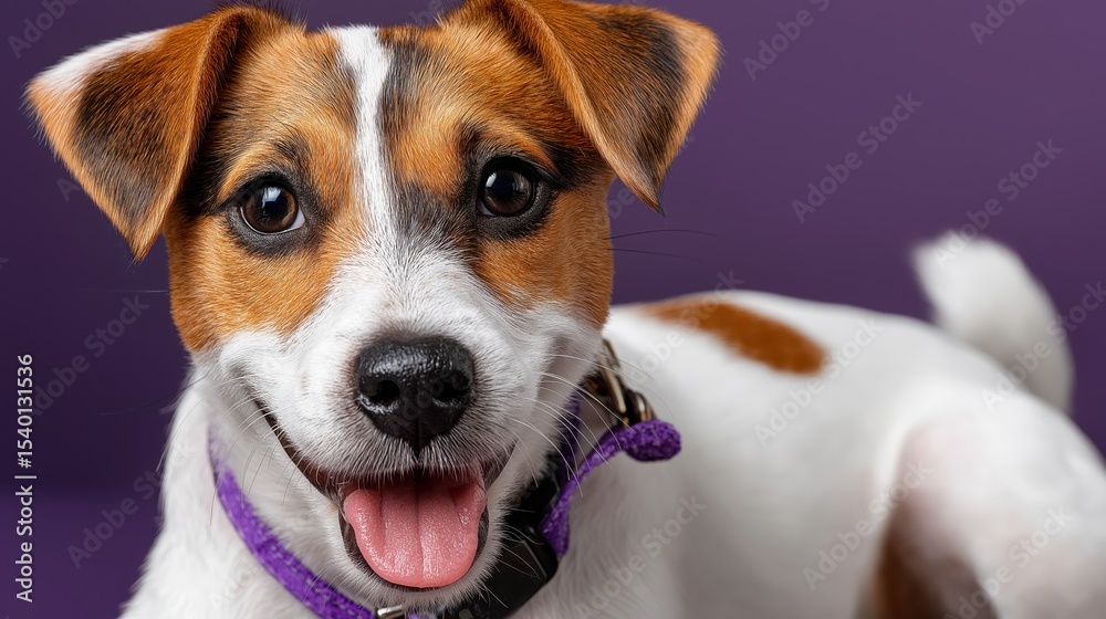 Smiling Jack Russell Terrier puppy with bright eyes on colorful web banner ready for ad copy Smiling Jack Russell Terrier puppy with bright eyes on colorful web banner ready for ad copy