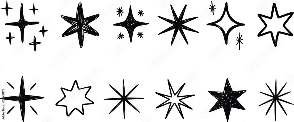 Fototapeta premium Collection of hand drawn black and white star shapes in a row format