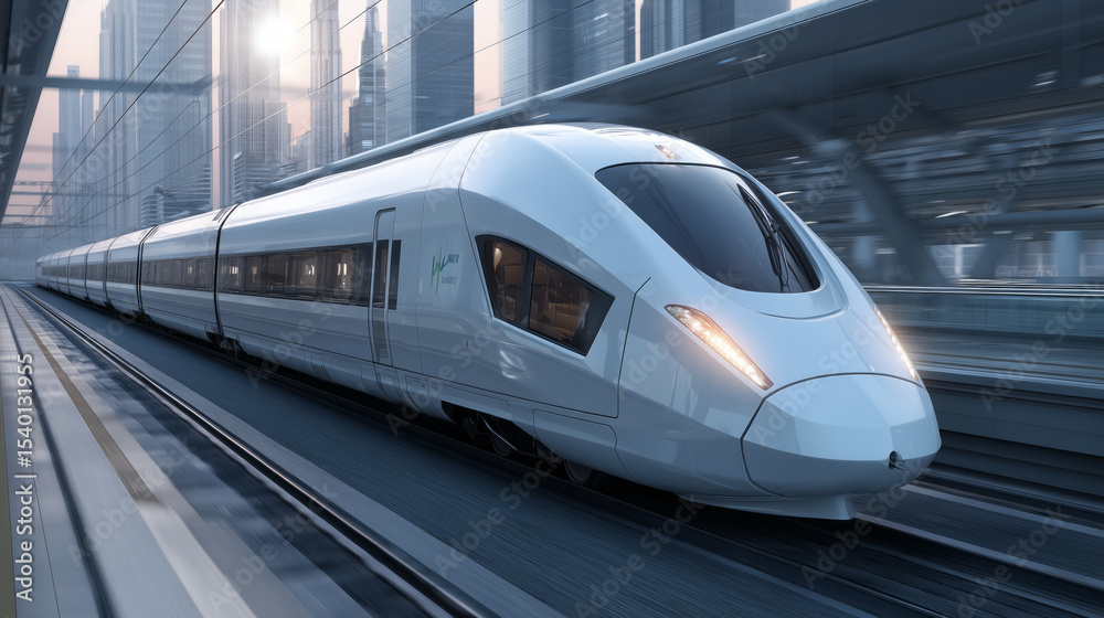 Naklejka premium Futuristic high-speed train traveling through a modern urban environment