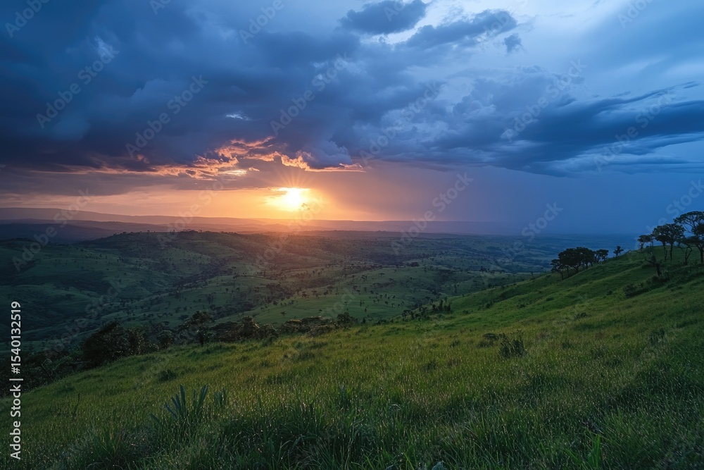 Obraz premium Sunset over a lush valley. Dramatic clouds