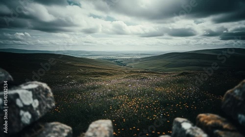 Scenic Landscape View of Green Fields and Stone Wall Under a Cloudy Sky