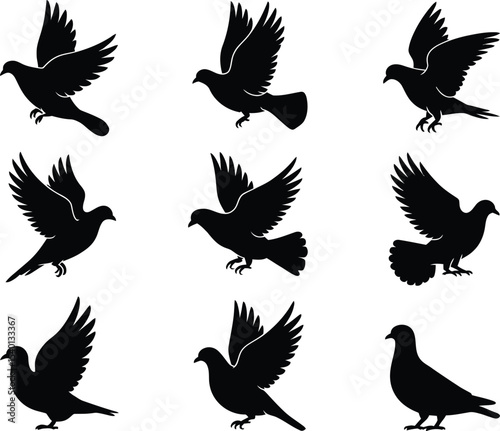 Collection of nine black silhouette doves in various flying positions