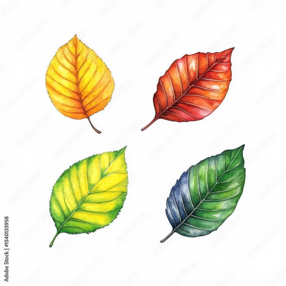 Obraz premium Watercolor Autumn Leaves Yellow, Red, Green, and Blue Green Foliage on White