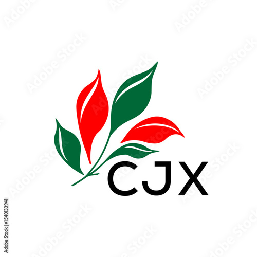 CJX Minimalist Nature Logo with Red and Green, Leaf Design CJX Later Logo on White Background

