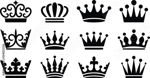 Collection of different crown designs in black silhouette on white
