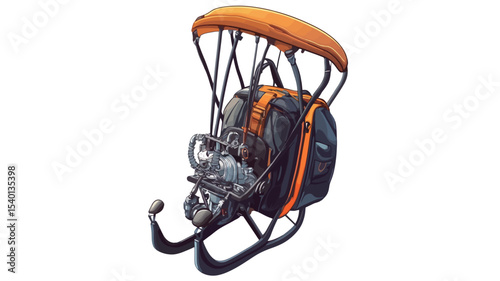 A digital illustration depicting a concept design of a personal jetpack. The jetpack is predominantly dark gray/black and orange. It resembles a backpack with integrated propulsion systems 