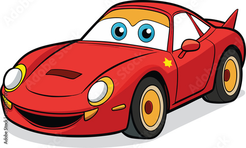 Playful red cartoon car character with big eyes and happy smile.