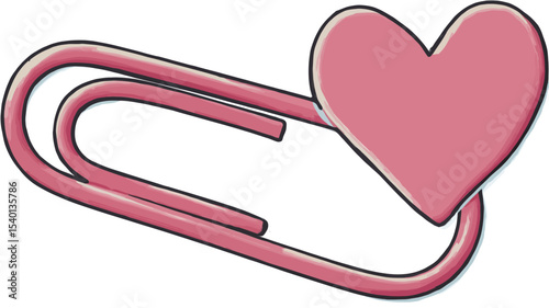 A digital illustration of a pink paperclip with a pink heart attached to it. The paperclip and heart are depicted in a cartoonish style with slightly rounded edges and a soft, pastel pink color.