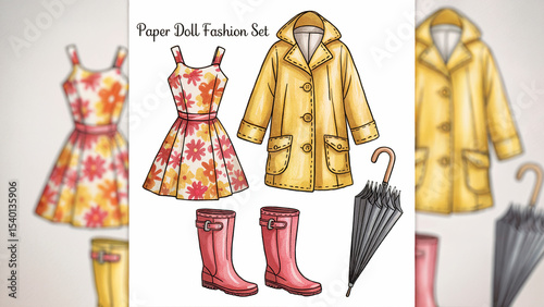 Delightful watercolor illustration of a paper doll fashion set featuring a dress raincoat rubber boots and a classic umbrella