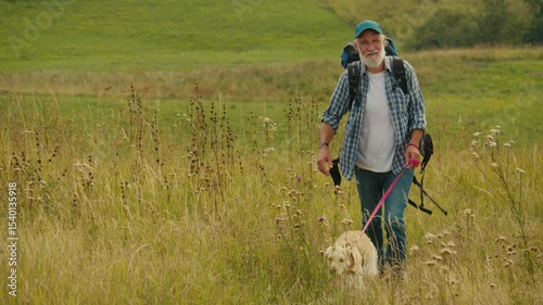 Therapeutic Hiking, Natural Rehabilitation. Senior Man With Backpack Treks Through Mountains With His Dog. A Calm, Healing Journey of Mobility Recovery and Outdoor Wellness After Retirement