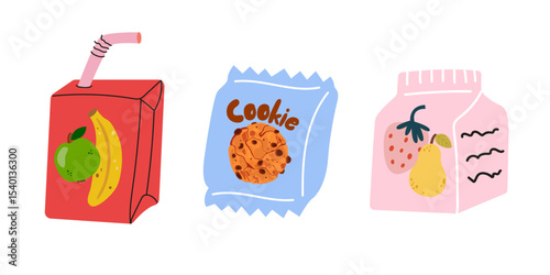 Children's snack at school. Vector kids school lunches cartoon stickers collection. Healthy and nutritional food meals. Juice, chocolate chip cookies, dried fruit