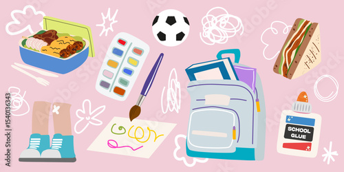 Children's school stationery and snacks. Back to school concept. Cartoon retro groovy school stickers. Lunchbox, sandwich, backpack, doodles, everything for creativity