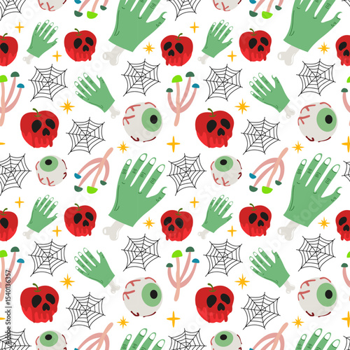 Halloween seamless pattern with spooky elements. Hand drawn doodle pattern design for textile, wallpaper, wrapping paper, background