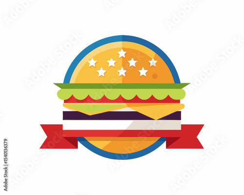 Delicious burger emblem on white background