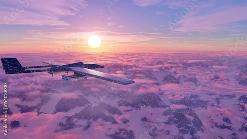 A camouflaged unmanned aerial vehicle, armed with precision-guided missiles, conducting surveillance on enemy positions below from an elevated vantage point above a mountain range at sunset.