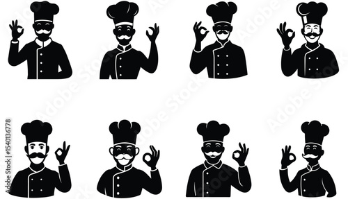 Set of silhouetted chef characters giving the okay hand gesture representing culinary excellence