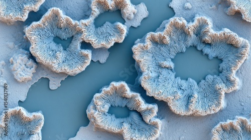 Microscopic organic structures creating an abstract pattern with blue cavities