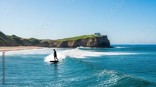 Silhouette Surfer Riding A Wave On Blue Ocean Water Near Cliff And Rocky Coastline Under Clear Sunny Sky