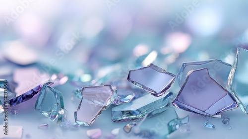 Broken glass shards reflecting light in blue and purple tones